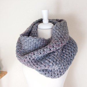 Cozy Chunky Wool Scarf grey infinity cowl with blue and pink accents